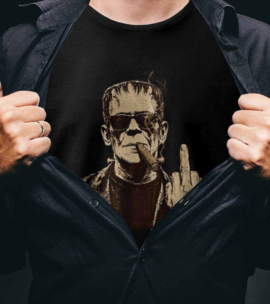 Frankenstein Cigar Middle Finger Smoking Horror Halloween T-Shirt