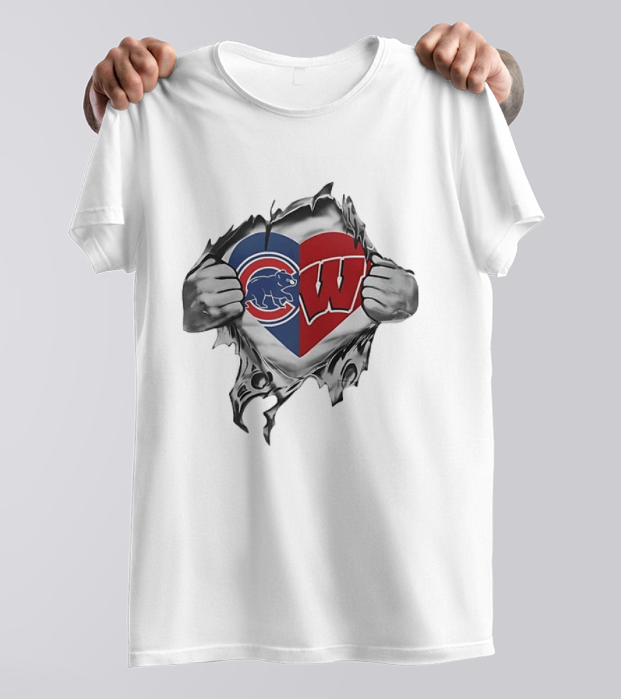 Chicago Cubs And Wisconsin Badgers Heart Rip T-Shirt