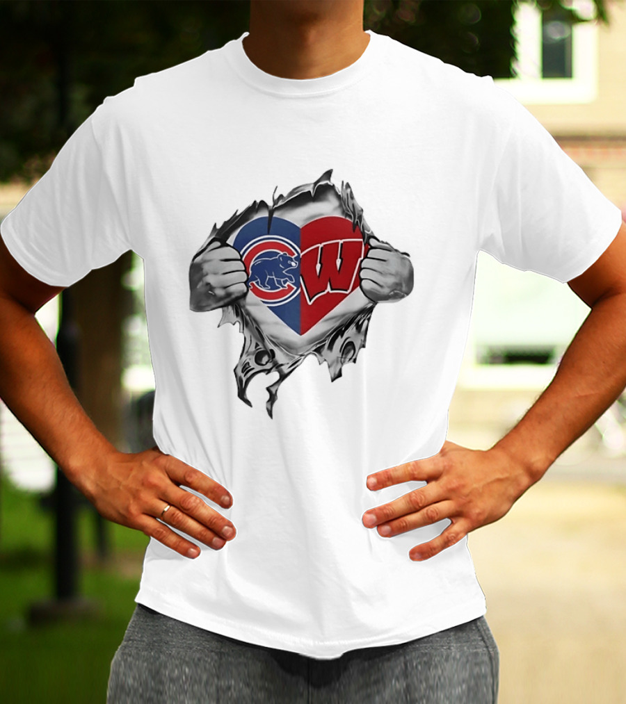 Chicago Cubs And Wisconsin Badgers Heart Rip T-Shirt