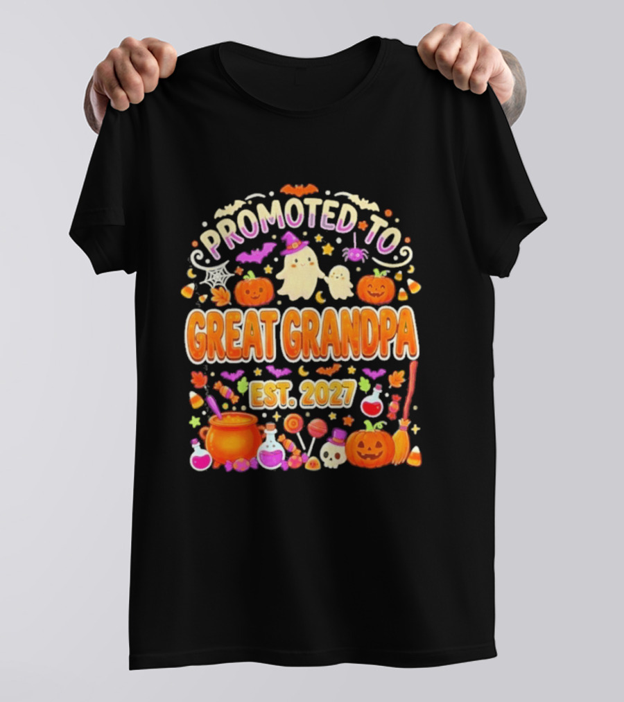 Promoted To Great Grandpa Halloween Pumpkin Est 2027 Ghosts Bats Cauldron T-Shirt