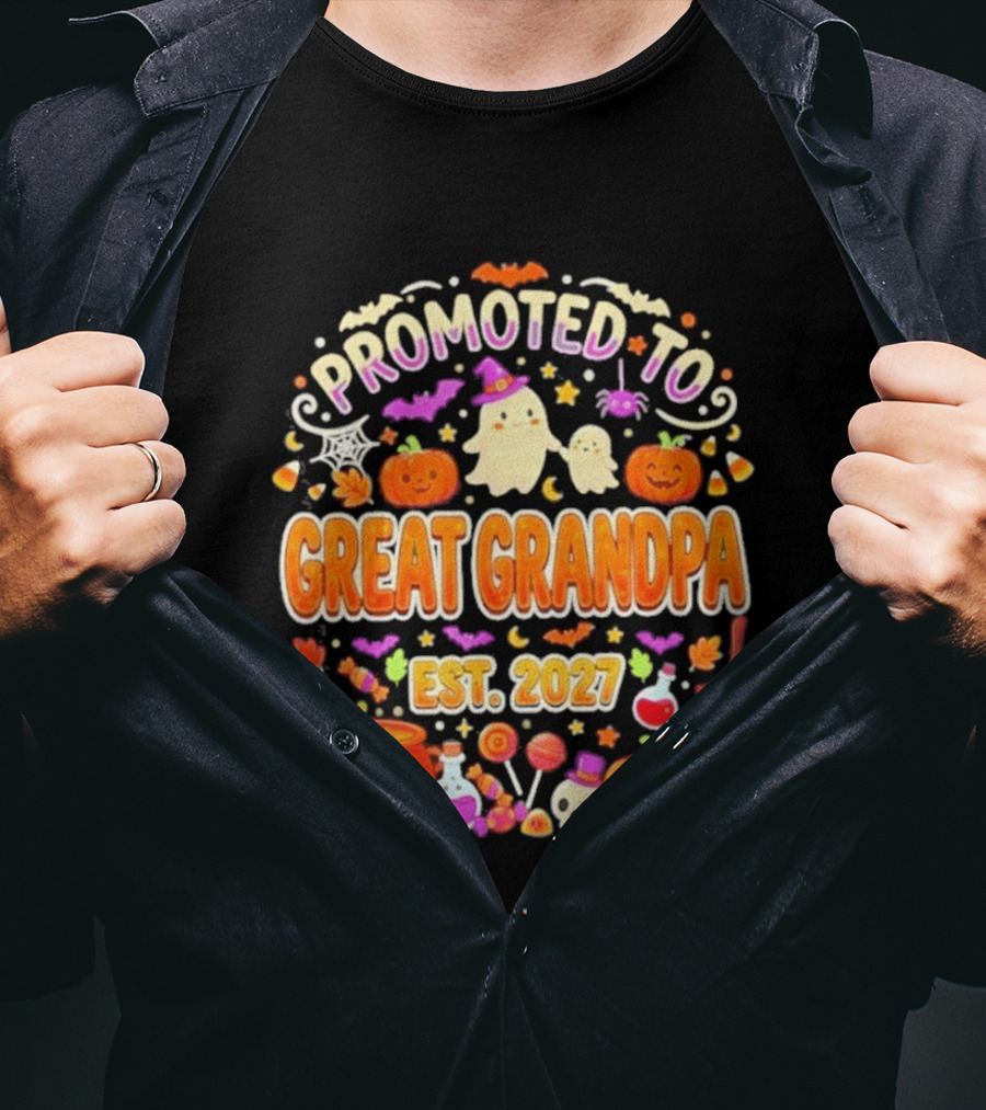 Promoted To Great Grandpa Halloween Pumpkin Est 2027 Ghosts Bats Cauldron T-Shirt