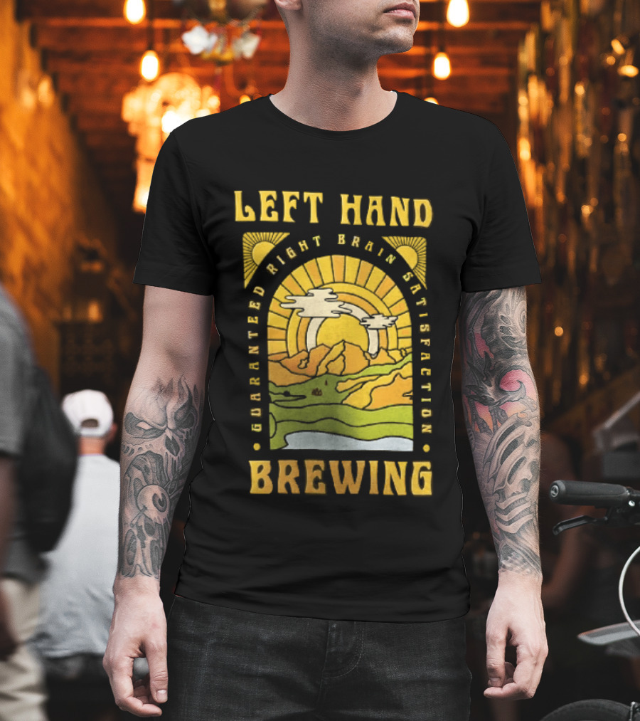 Left Hand Brewing Guaranteed Right Brain Satisfaction Sunburst River Landscape T-Shirt