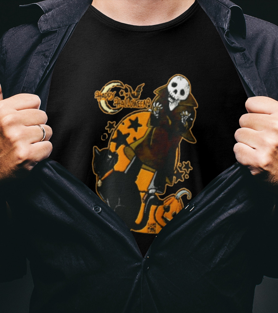 Happy Halloween Skeleton With Black Cat And Pumpkin T-Shirt