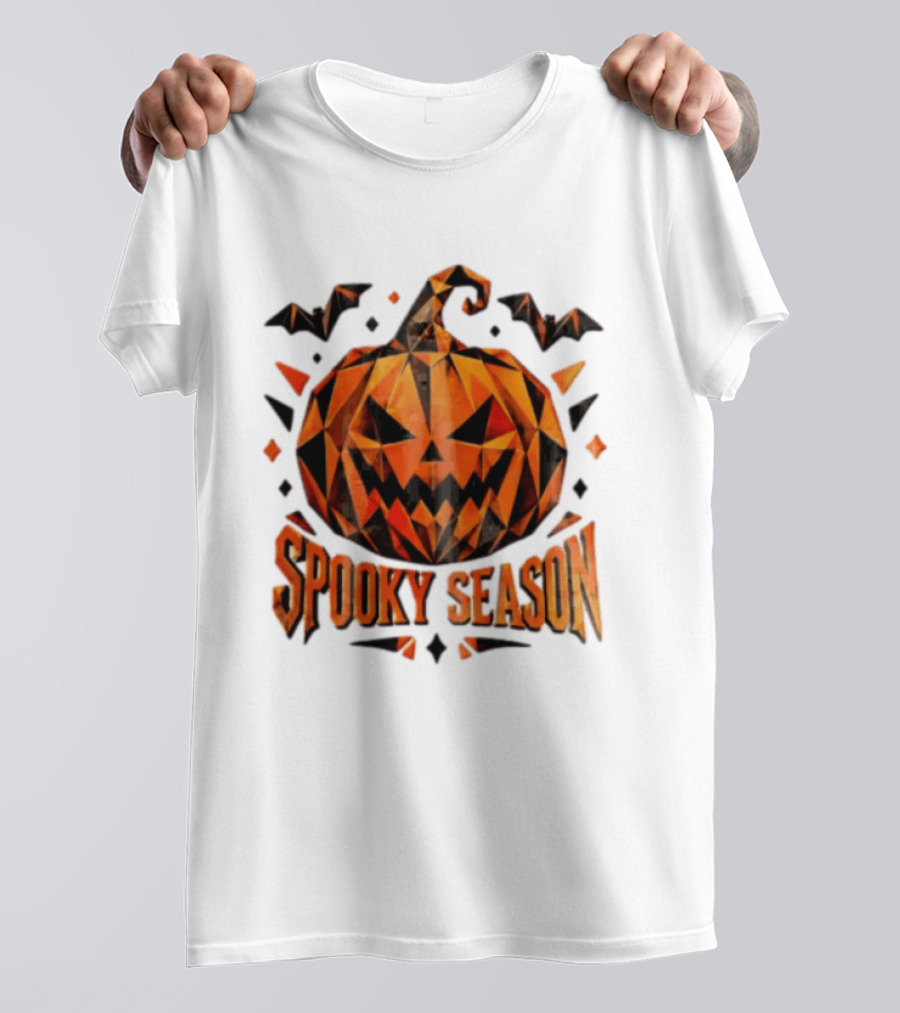 Spooky Season Geometric Pumpkin Halloween Bats T-Shirt