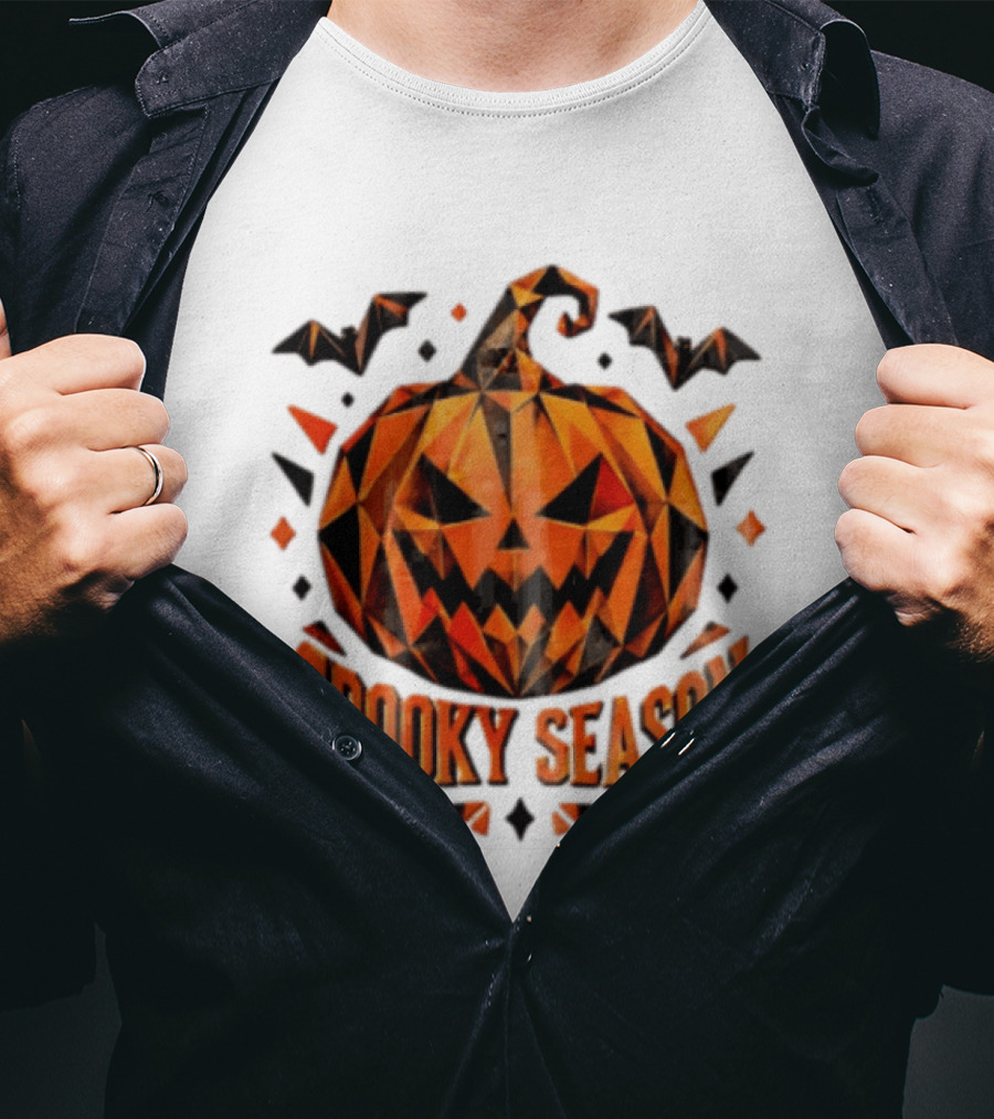 Spooky Season Geometric Pumpkin Halloween Bats T-Shirt