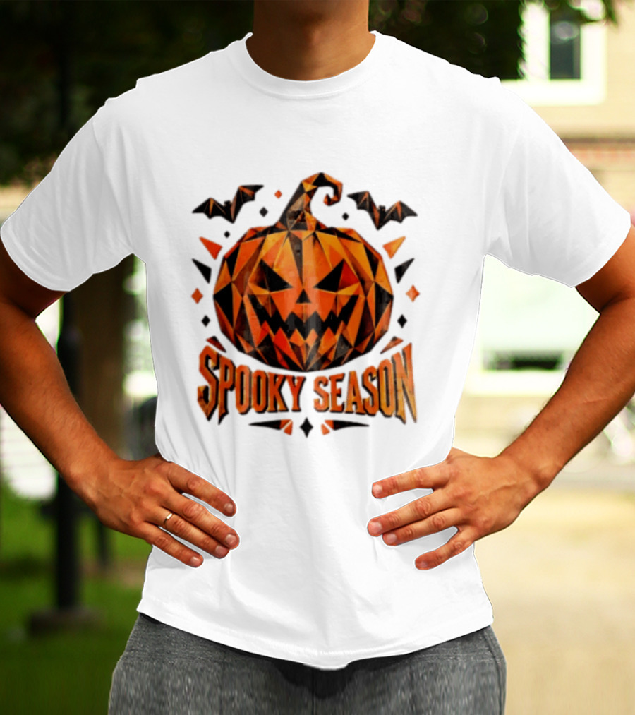 Spooky Season Geometric Pumpkin Halloween Bats T-Shirt