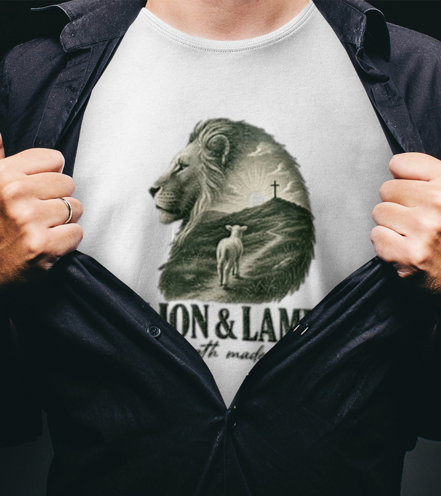 Lion And Lamb Strength Made Gentle Jesus Christ Cross Calvary Christian Faith T-Shirt