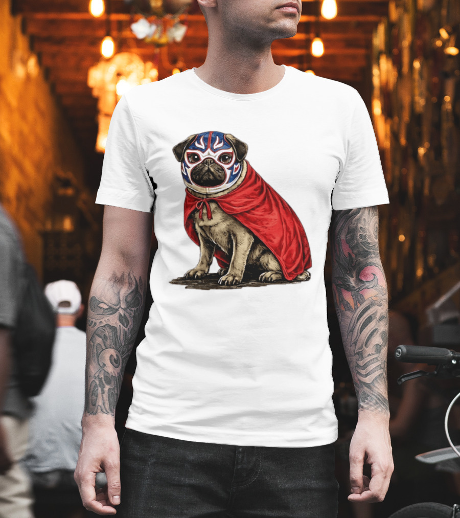 Lucha Libre Pug Red Cape Mexican Wrestling Dog Mask T-Shirt