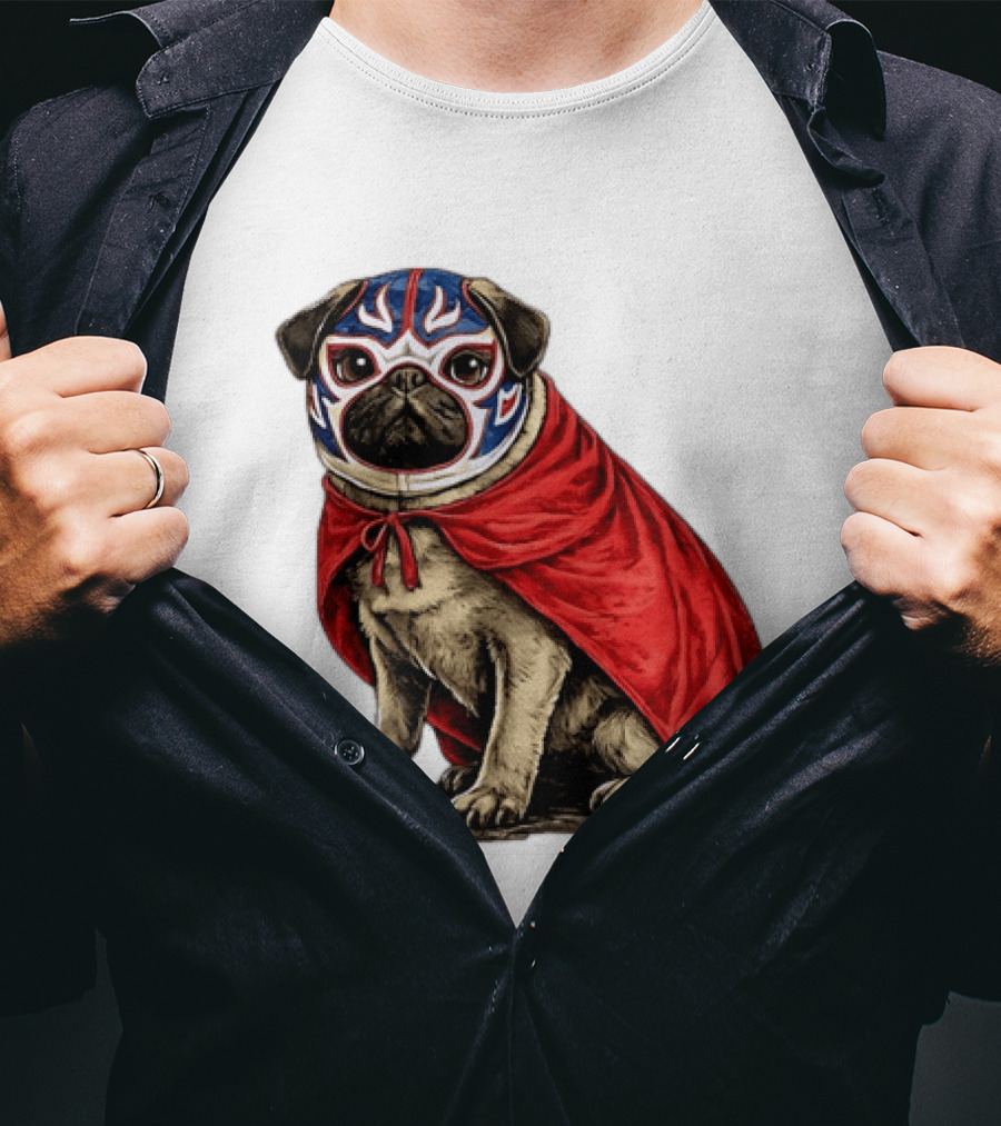 Lucha Libre Pug Red Cape Mexican Wrestling Dog Mask T-Shirt