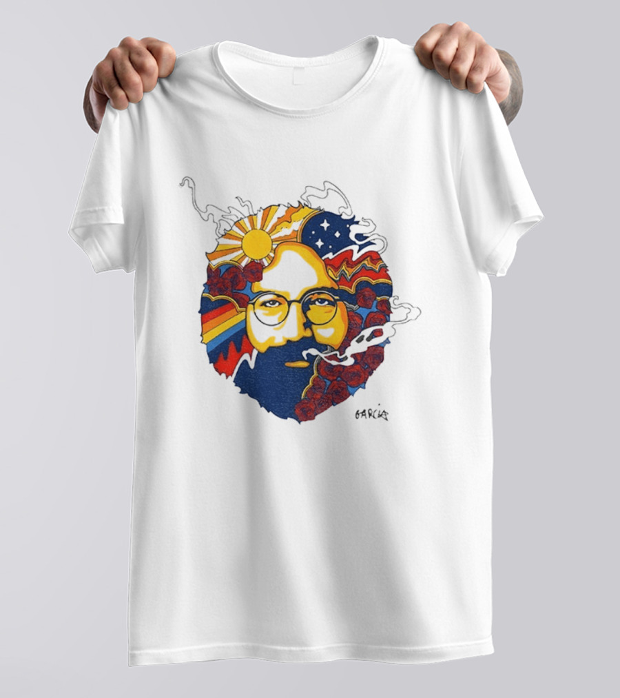 Psychedelic Jerry Garcia Face Sun Waves Stars Roses T-Shirt