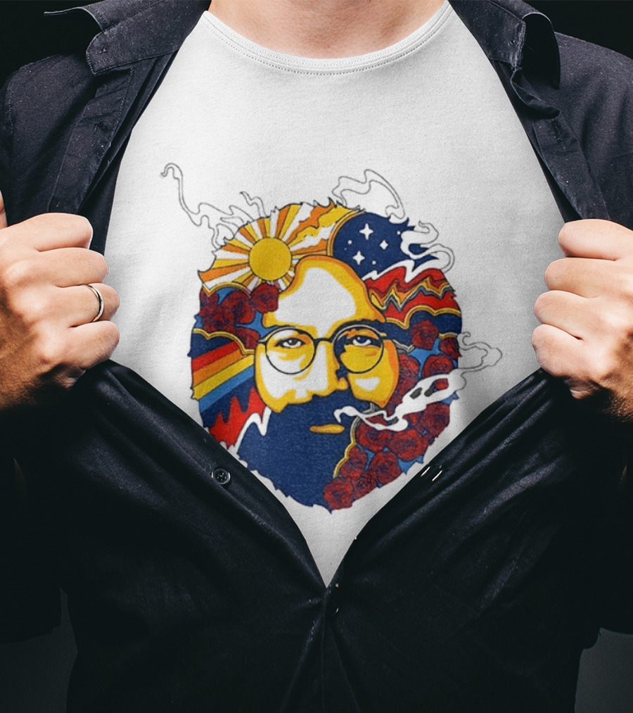 Psychedelic Jerry Garcia Face Sun Waves Stars Roses T-Shirt