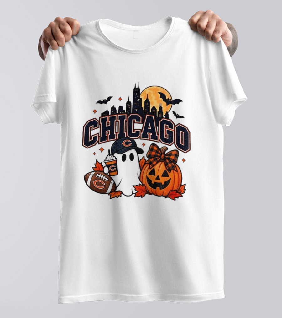 Chicago Bears Halloween Ghost Pumpkin Football Skyline Moon T-Shirt