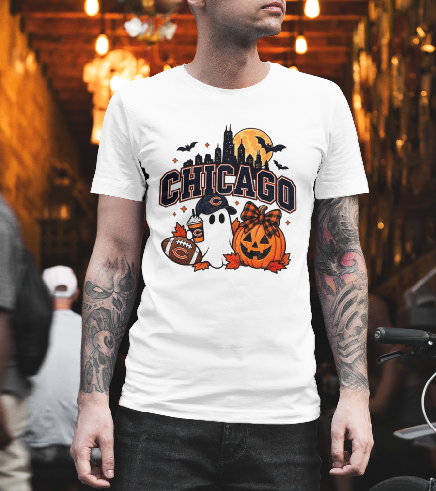 Chicago Bears Halloween Ghost Pumpkin Football Skyline Moon T-Shirt