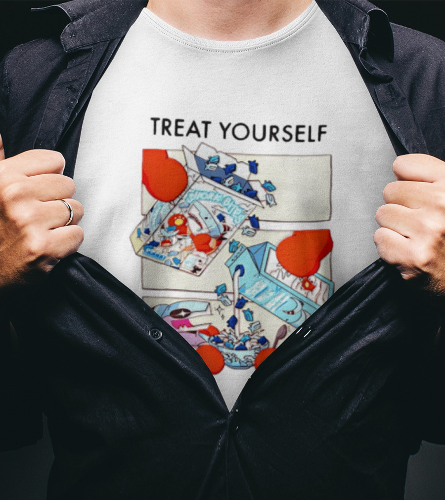 Treat Yourself Shork Bites Cereal Box Sharks Milk Breakfast Fun T-Shirt