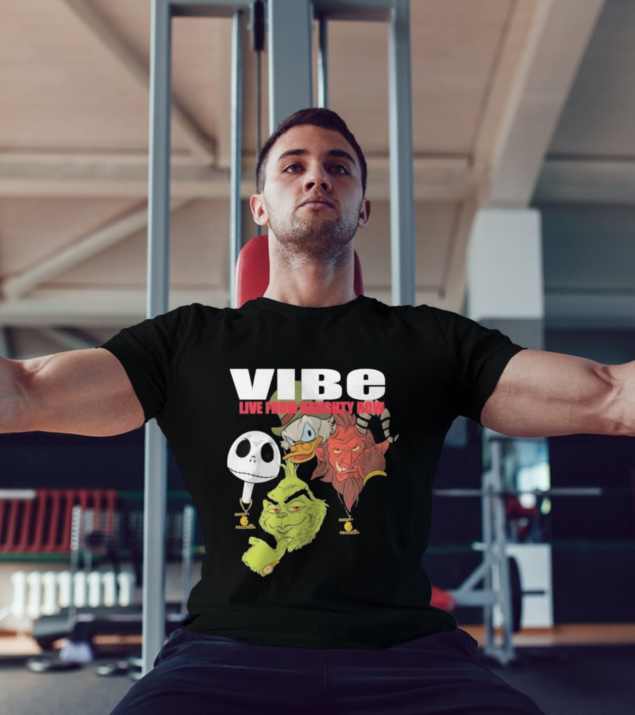 Vibe Live From Naughty Row Grinch Krampus Scrooge Jack Skellington Christmas Naughty Row Records T-Shirt