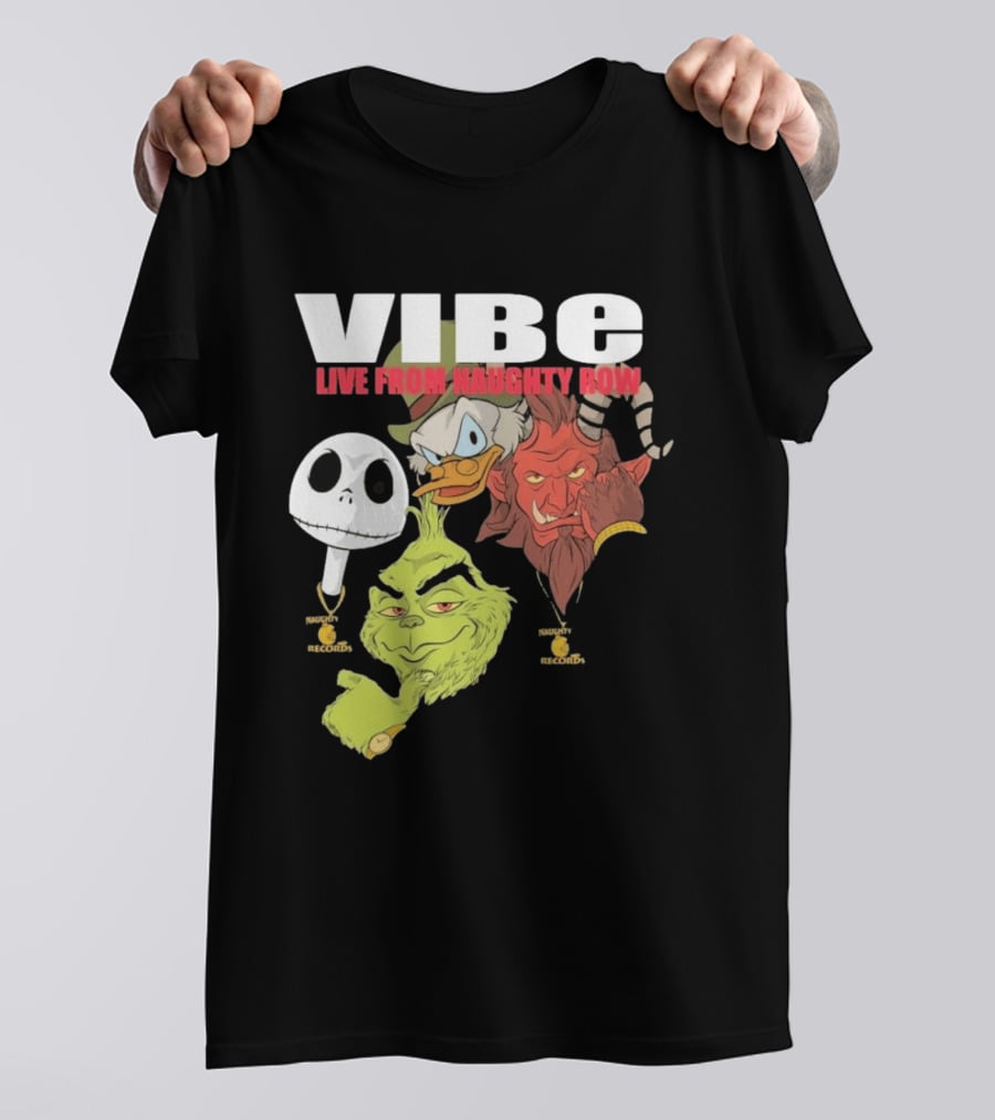 Vibe Live From Naughty Row Grinch Krampus Scrooge Jack Skellington Christmas Naughty Row Records T-Shirt