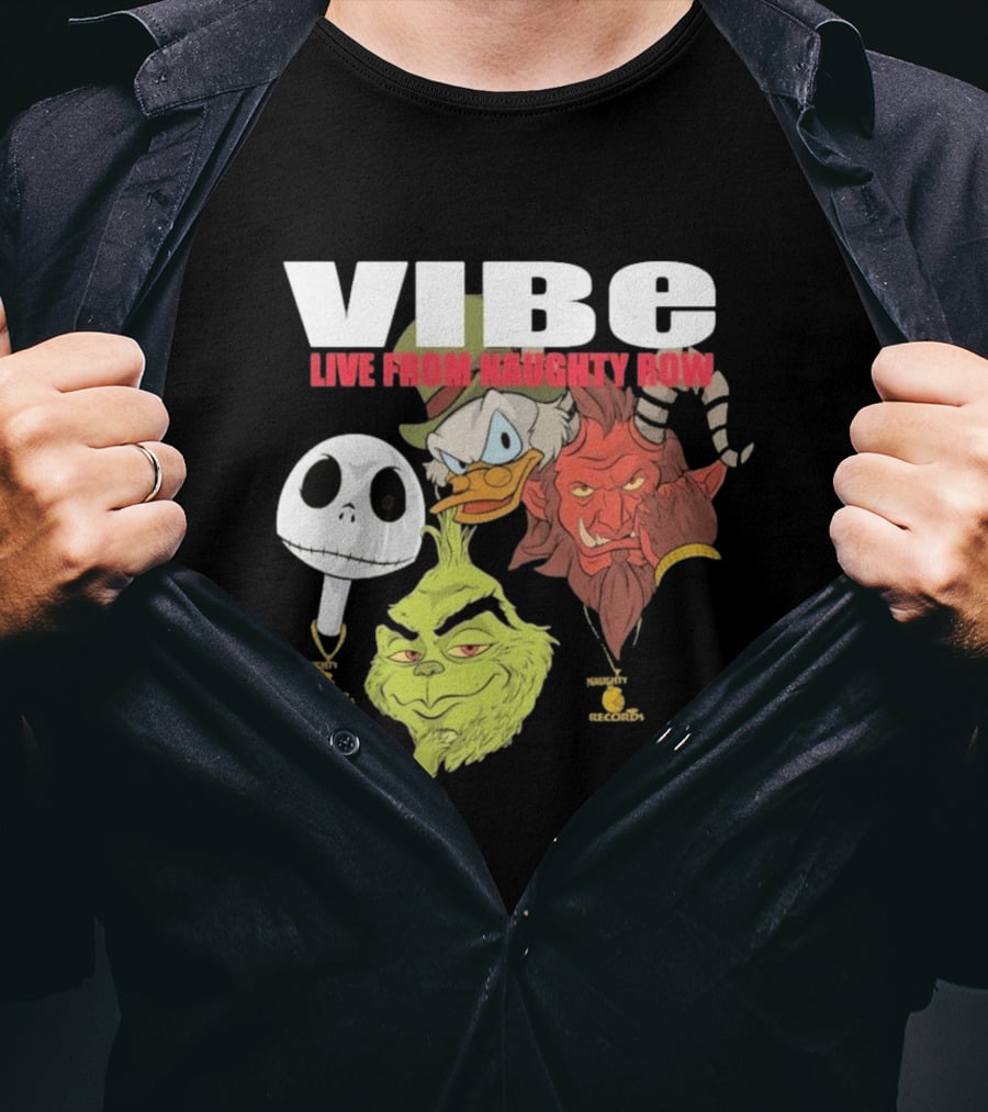 Vibe Live From Naughty Row Grinch Krampus Scrooge Jack Skellington Christmas Naughty Row Records T-Shirt