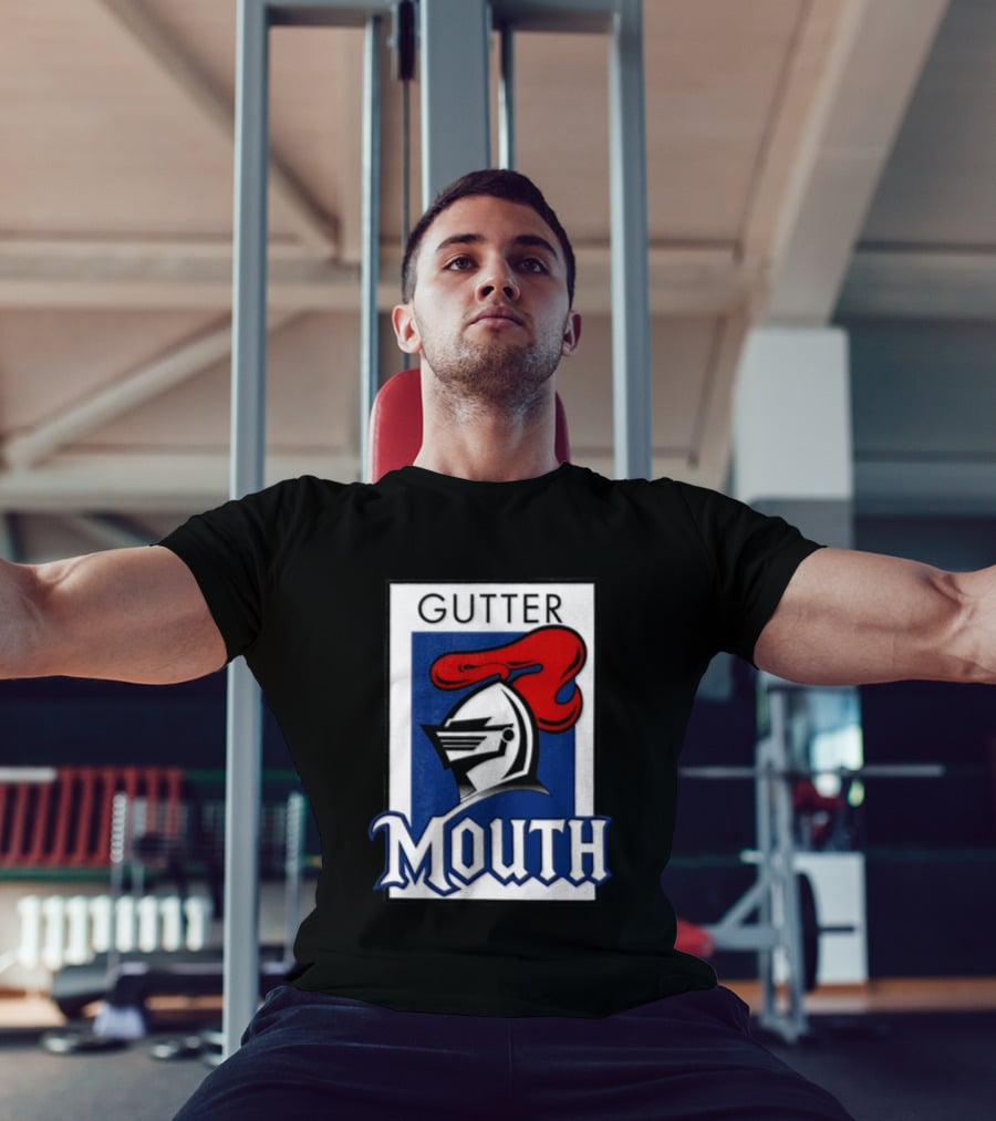 Guttermouth Newcastle Knights Collaboration Rugby League Iconic Helmet Red Blue T-Shirt