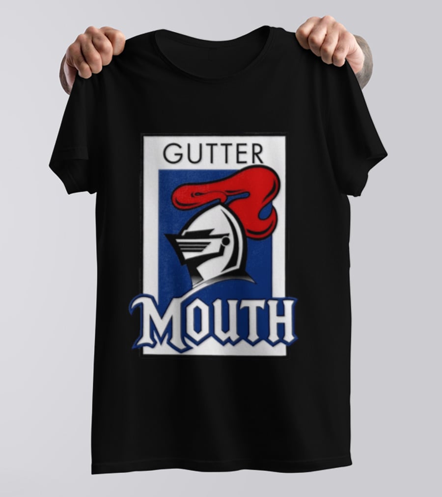 Guttermouth Newcastle Knights Collaboration Rugby League Iconic Helmet Red Blue T-Shirt
