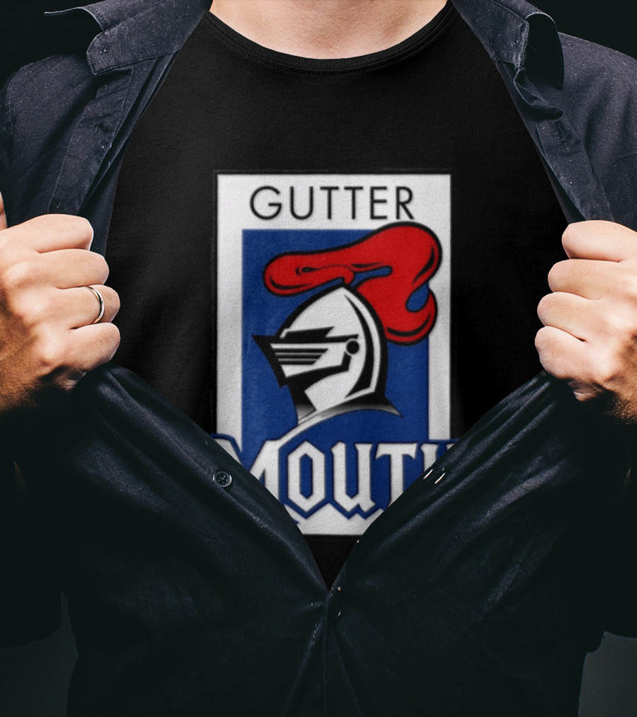Guttermouth Newcastle Knights Collaboration Rugby League Iconic Helmet Red Blue T-Shirt