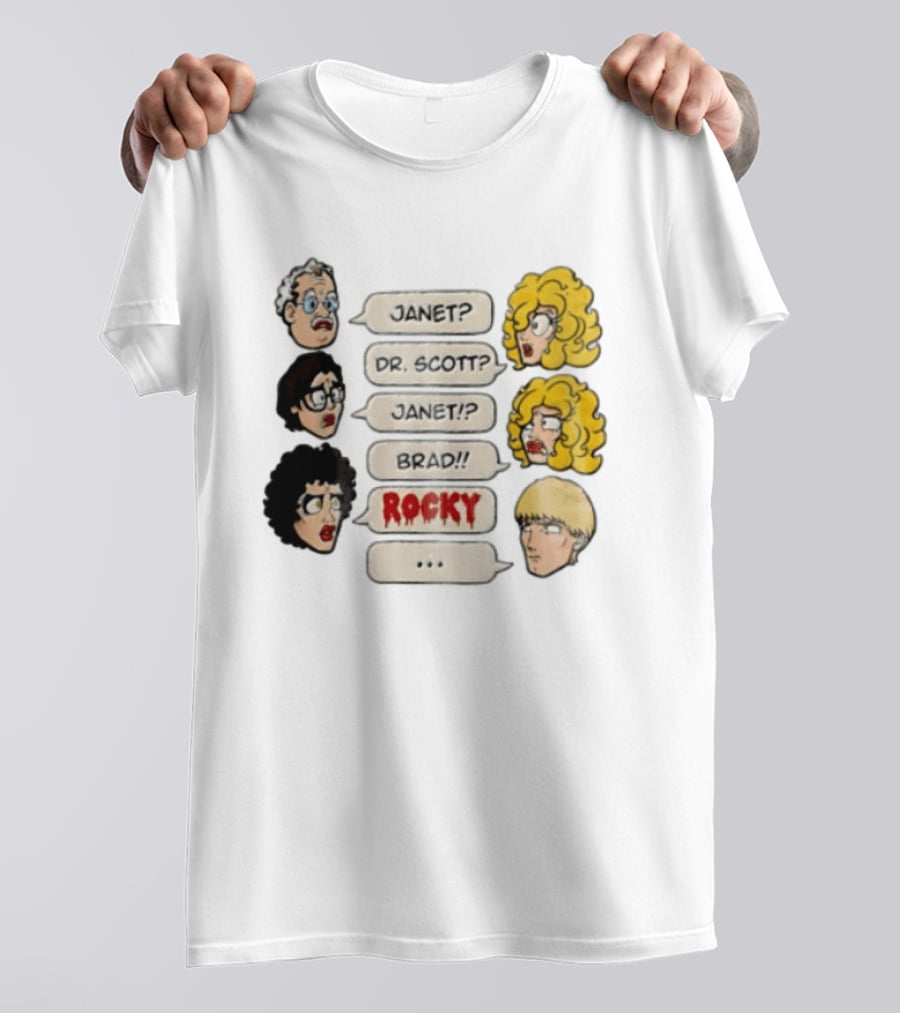 Janet Dr Scott Brad Rocky Horror Picture Show Speech Bubbles Cartoon Heads Dialogue T-Shirt