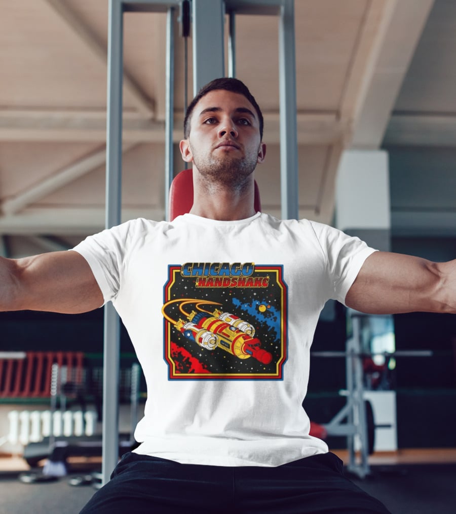 Chicago Handshake Spaceship Malort Old Lager Retro Sci Fi Space Adventure T-Shirt