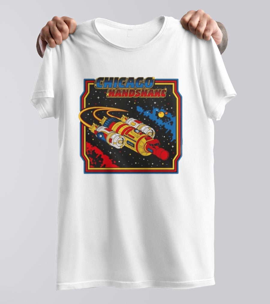 Chicago Handshake Spaceship Malort Old Lager Retro Sci Fi Space Adventure T-Shirt