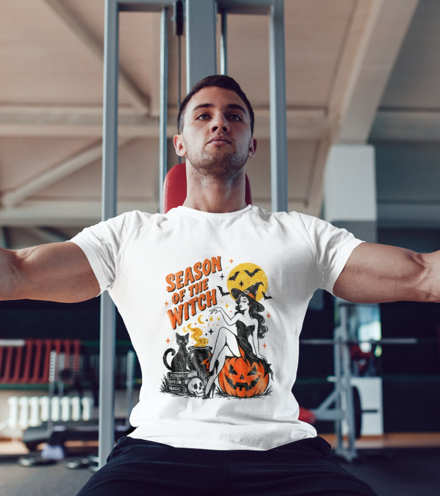 Season Of The Witch Halloween Spooky Season Full Moon Pumpkin Black Cat Bat T-Shirt