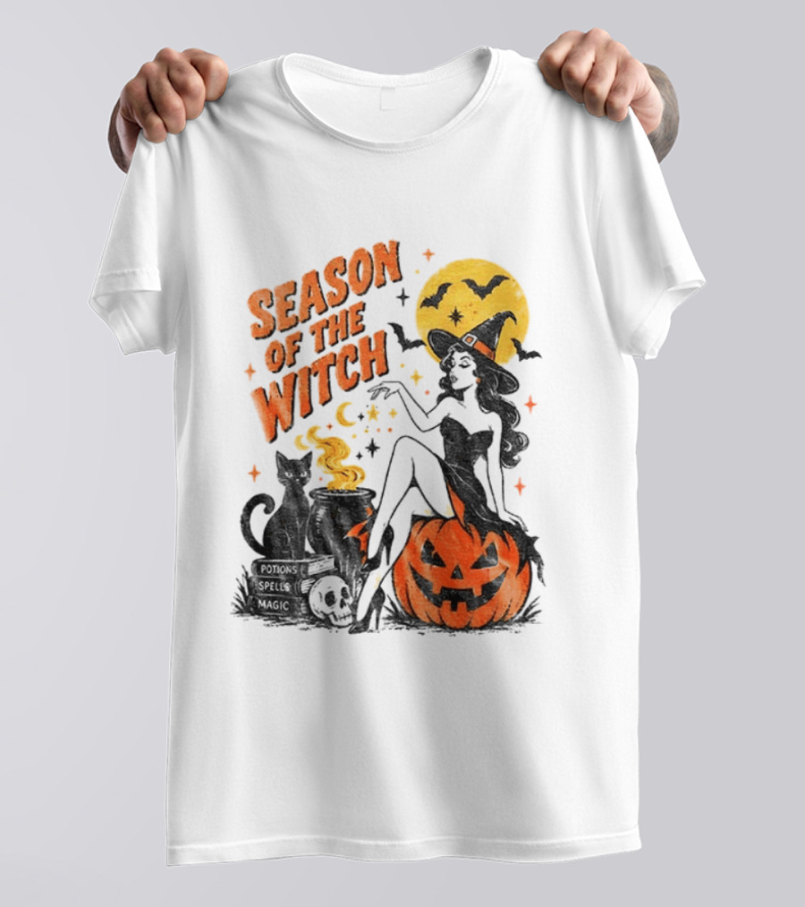 Season Of The Witch Halloween Spooky Season Full Moon Pumpkin Black Cat Bat T-Shirt