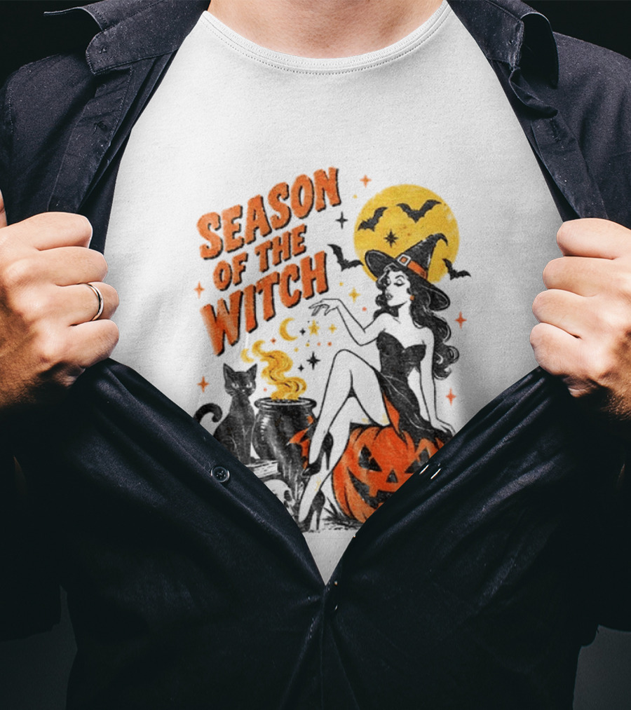 Season Of The Witch Halloween Spooky Season Full Moon Pumpkin Black Cat Bat T-Shirt