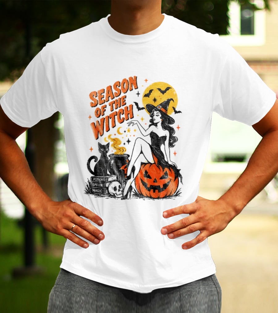 Season Of The Witch Halloween Spooky Season Full Moon Pumpkin Black Cat Bat T-Shirt