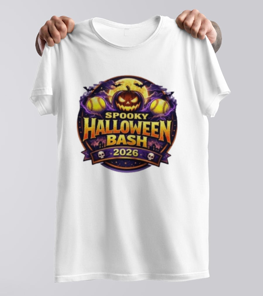 Spooky Halloween Bash 2026 Pumpkin Moonlit Baseball Skulls T-Shirt