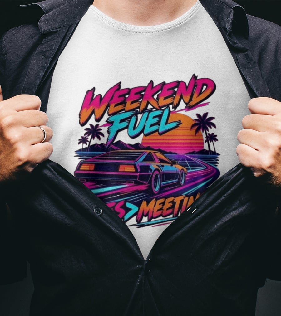 Weekend Fuel Synthwave Sports Car Miles Over Meetings Retro Aesthetic T-Shirt