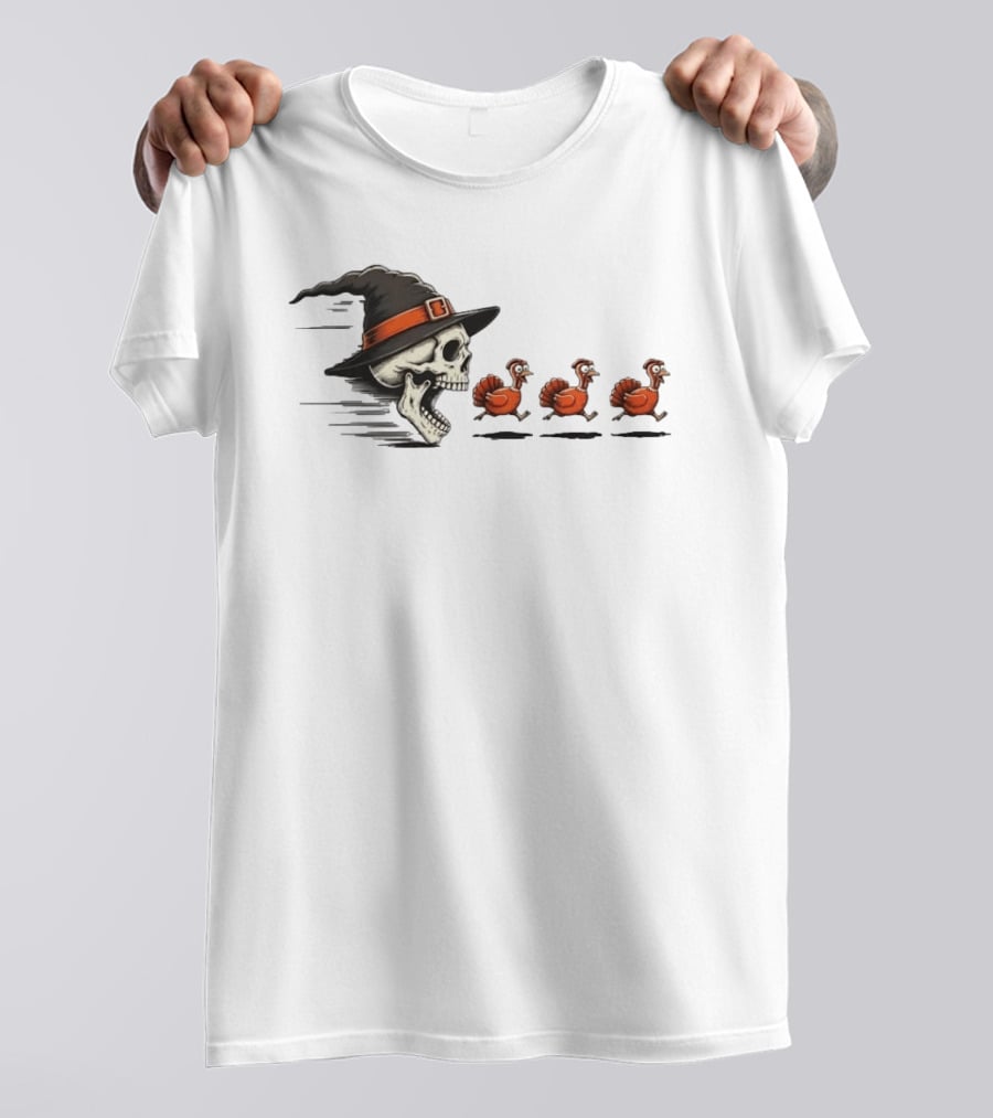 Witch Skull Chasing Turkeys Thanksgiving Humor T-Shirt