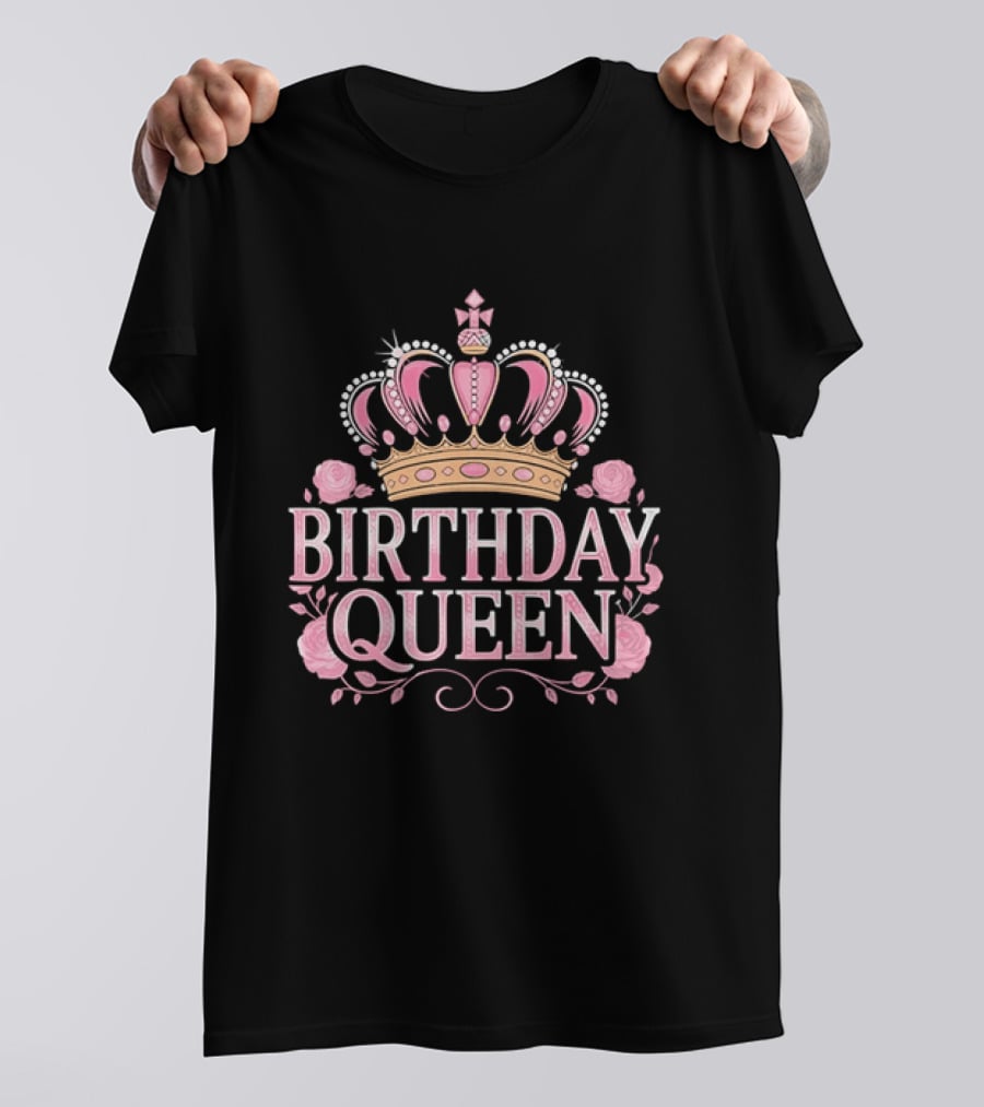 Birthday Queen Crown Pink Roses Celebration T-Shirt