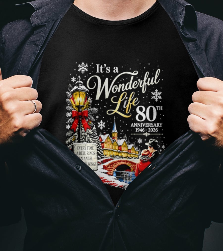 It's A Wonderful Life 80th Anniversary 1946 2026 Christmas Village Scene Snowflakes Lantern T-Shirt