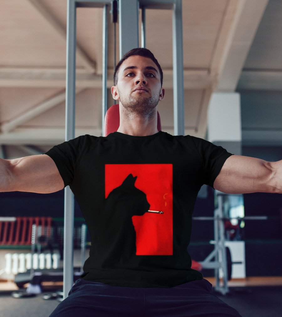 Black Cat Silhouette With Cigarette On Red T-Shirt