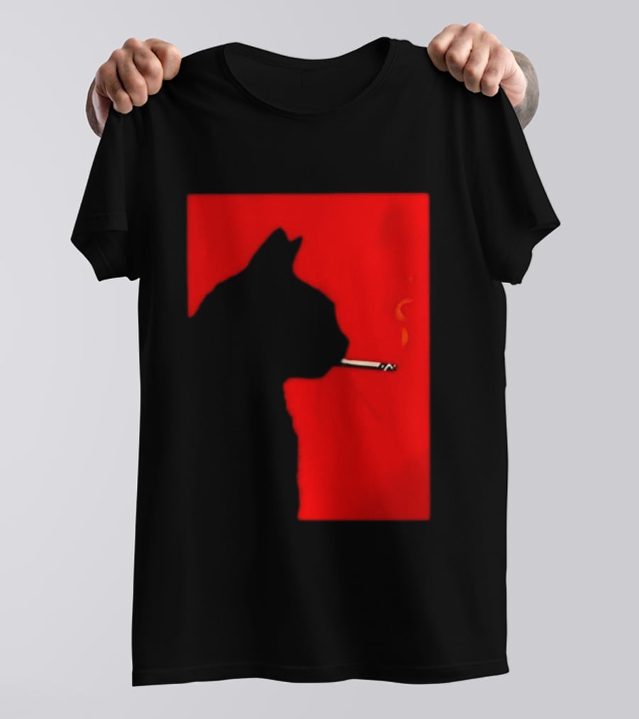 Black Cat Silhouette With Cigarette On Red T-Shirt