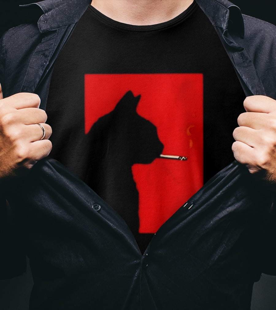 Black Cat Silhouette With Cigarette On Red T-Shirt