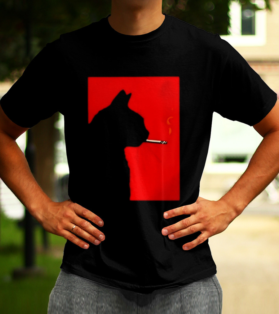 Black Cat Silhouette With Cigarette On Red T-Shirt