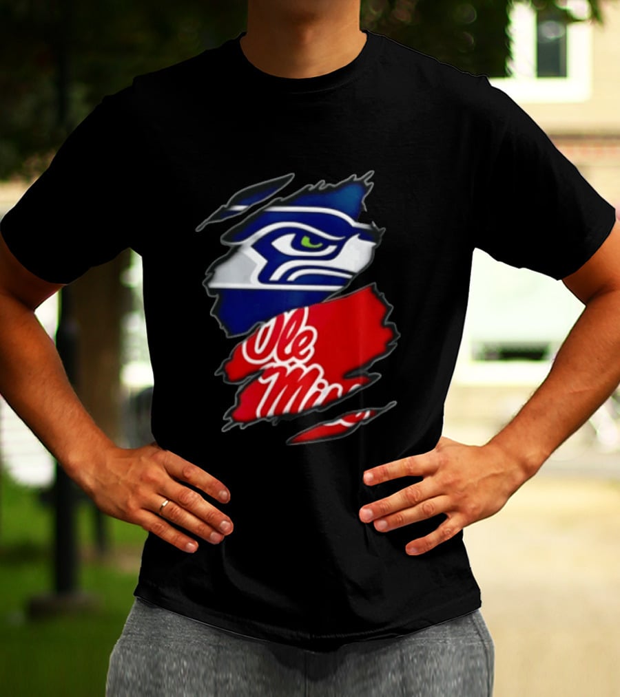 Seattle Seahawks Ole Miss Rebels Ripped Fabric Reveal T-Shirt