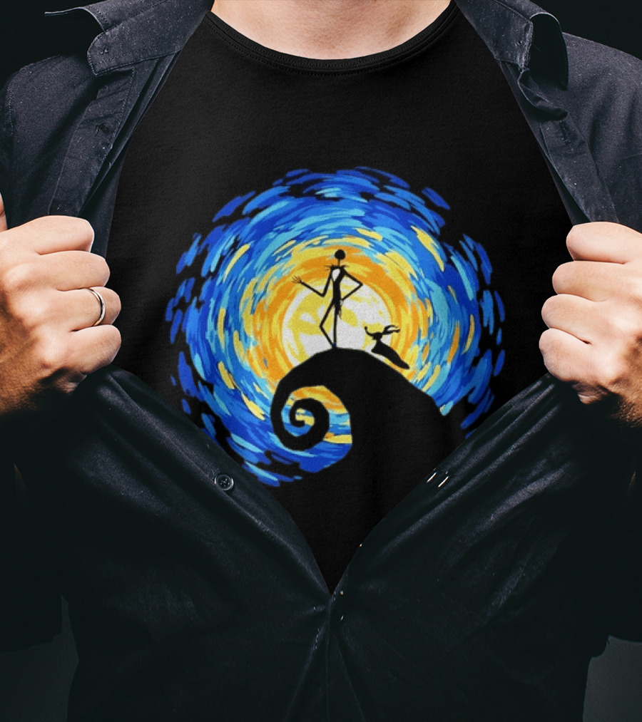 Jack Skellington Zero Halloween Starry Night Scene Inspired By Van Gogh T-Shirt