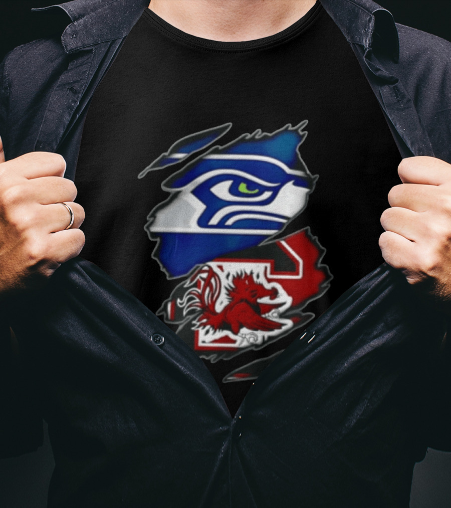 Seattle Seahawks South Carolina Gamecocks Torn Fabric Reveal Team Logos T-Shirt