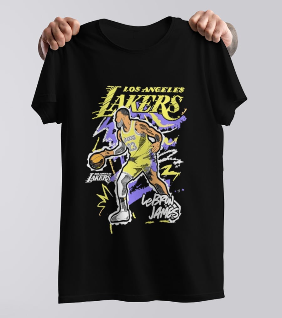 LeBron James Los Angeles Lakers 23 NBA Basketball Player Sketch Yellow Purple T-Shirt