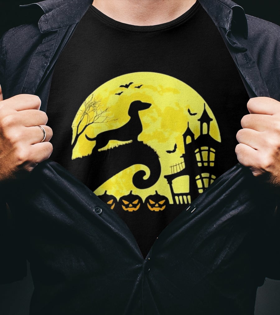 Dachshund Halloween Moon Spooky Night With Pumpkins T-Shirt