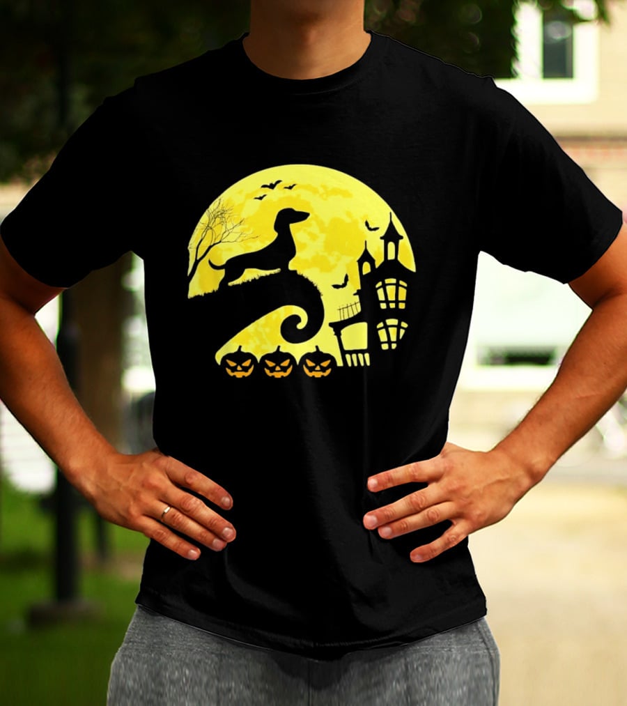 Dachshund Halloween Moon Spooky Night With Pumpkins T-Shirt