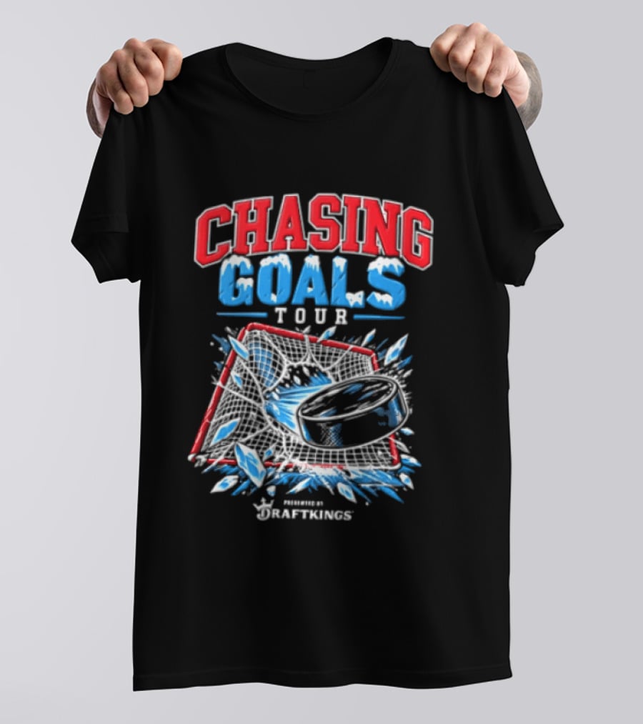 DraftKings Chasing Goals Tour Hockey Puck Crashing Into Net T-Shirt