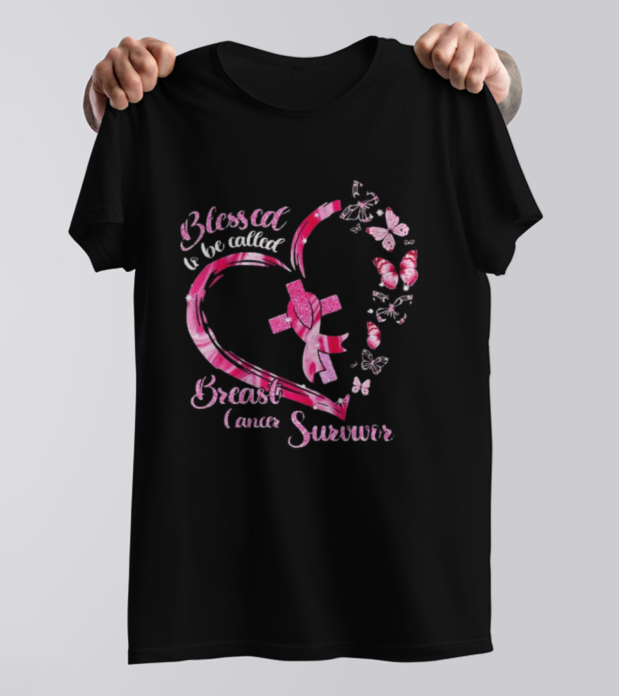 Blessed To Be Called Breast Cancer Survivor Pink Butterfly Ribbon Heart T-Shirt