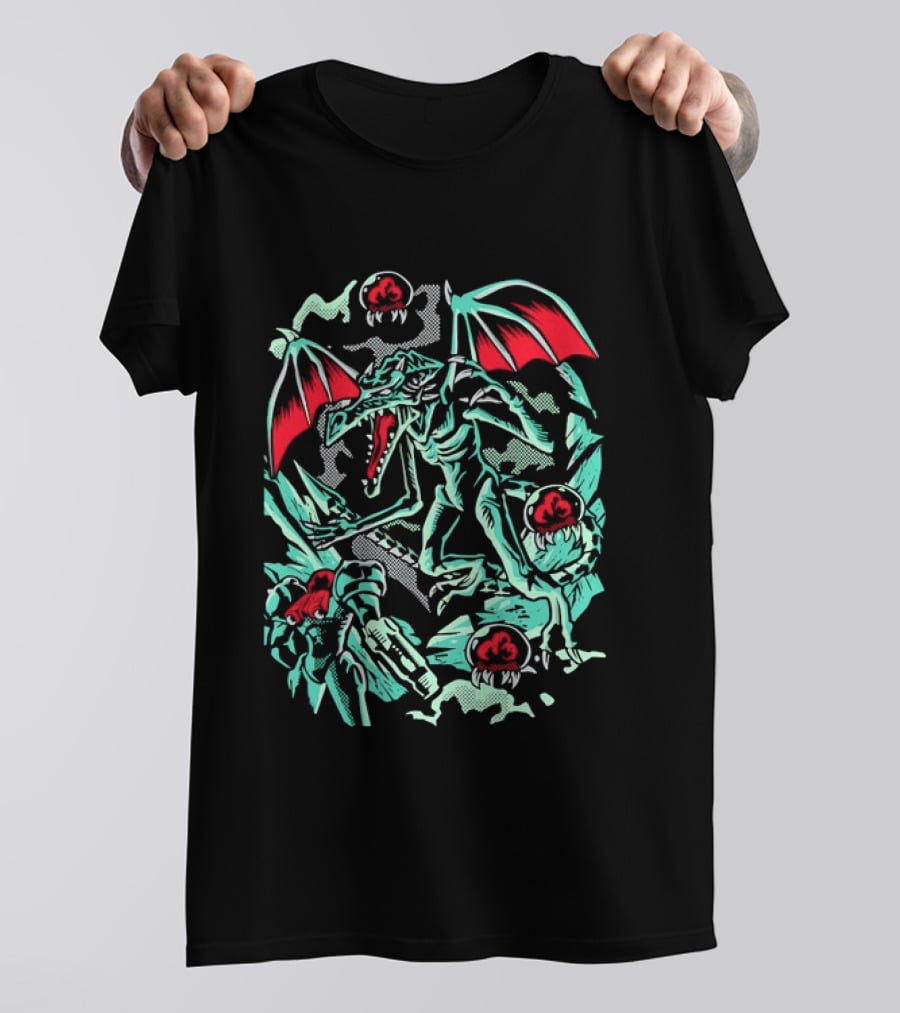 Ridley And Samus Aran Metroid Halftone Action Scene T-Shirt