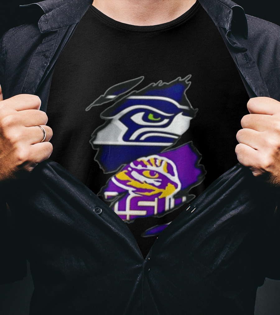 Seattle Seahawks Louisiana State University Ripped Fabric Reveal Seahawks Tiger Eye T-Shirt